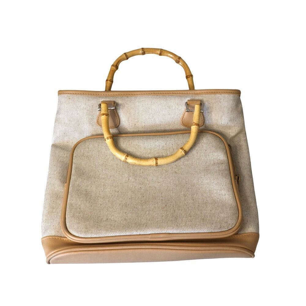 Cute Vinyl Handbag with Bamboo Handles Tan Beige